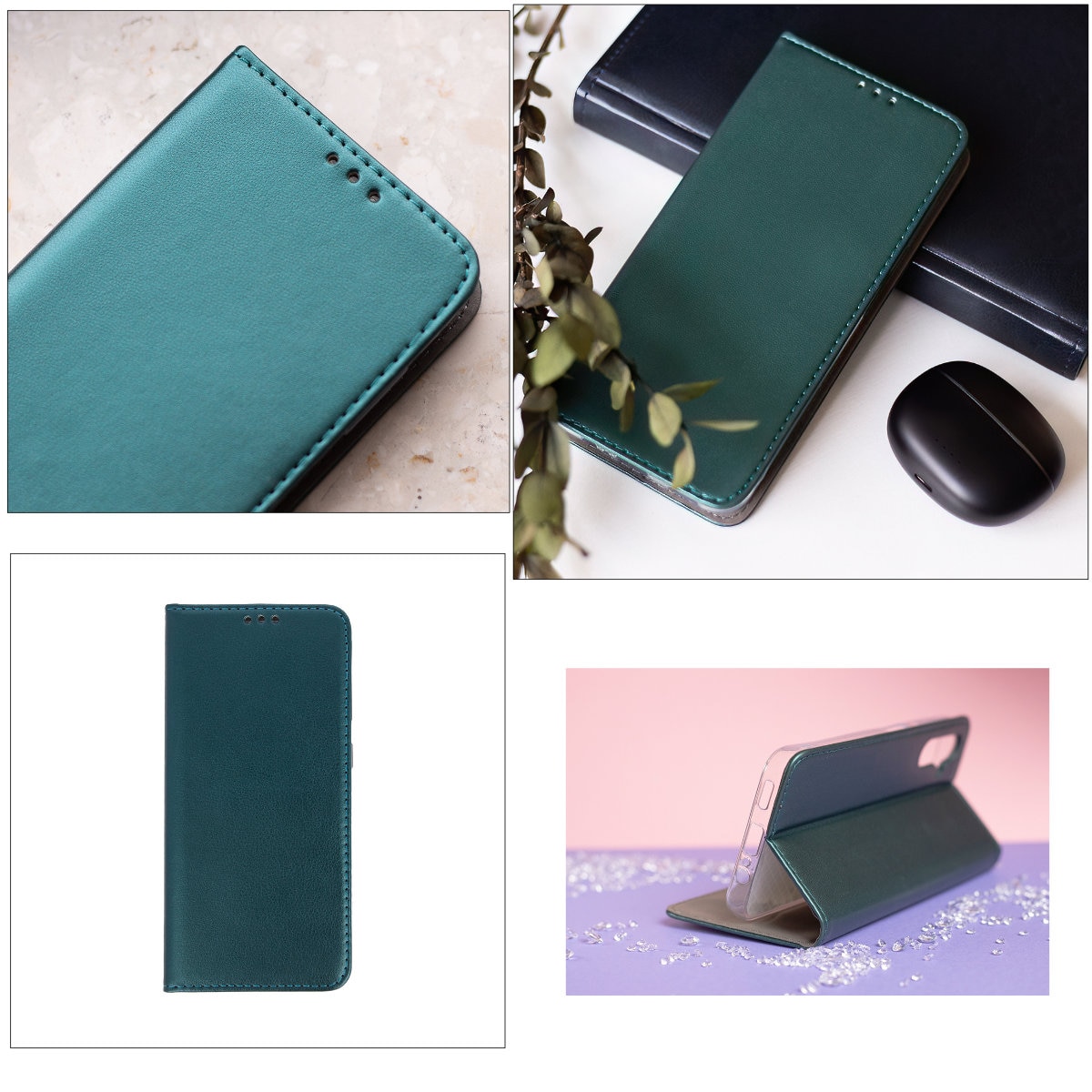 Husa tip carte, compatibila cu Samsung Galaxy A06, premium flip book cu inchidere magnetica si functie stand, buzunar card, verde inchis Verde inchis Flip cover