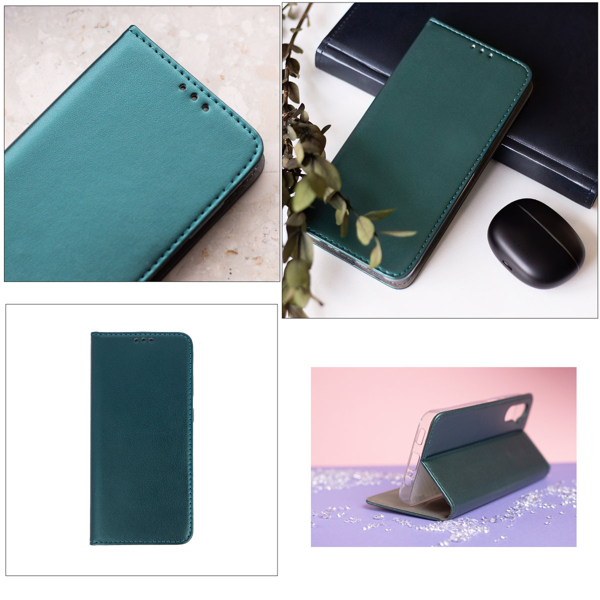 Husa tip carte, compatibila cu Samsung Galaxy A16 4G / A16 5G, premium flip book cu inchidere magnetica si functie stand, buzunar card, verde inchis