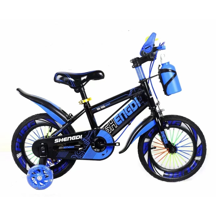 Bicicleta “ Blue Fast Motan by KotaBaby “, 16 inch, pentru copii, 5-8 ani, roti detasabile si ajutatoare silicon, suport si bidon apa, albastra