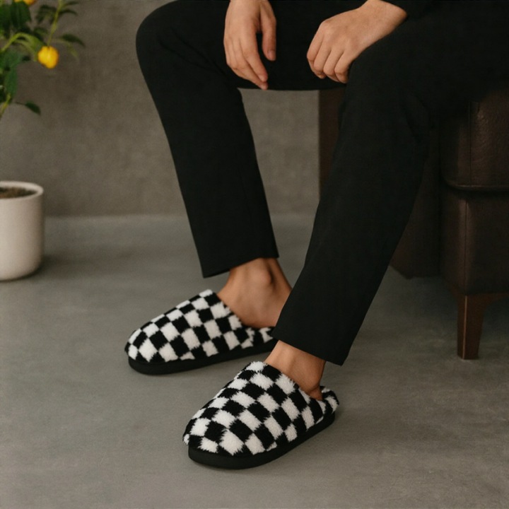 Papuci de casa pufosi, model in carouri D307negru 113464, Negru
