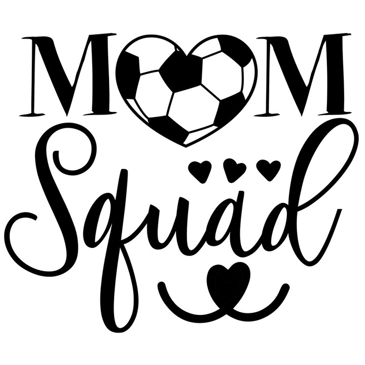 Sticker Exterior pentru o mama de fotbalisti cu mesajul "Mom squad" - minge de fotbal in forma de inima, Vinyl Negru, 70 cm