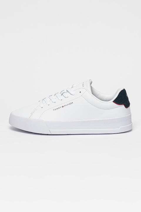 Tommy Hilfiger, Pantofi sport din piele cu insertii din piele intoarsa Court, Alb optic/Bleumarin