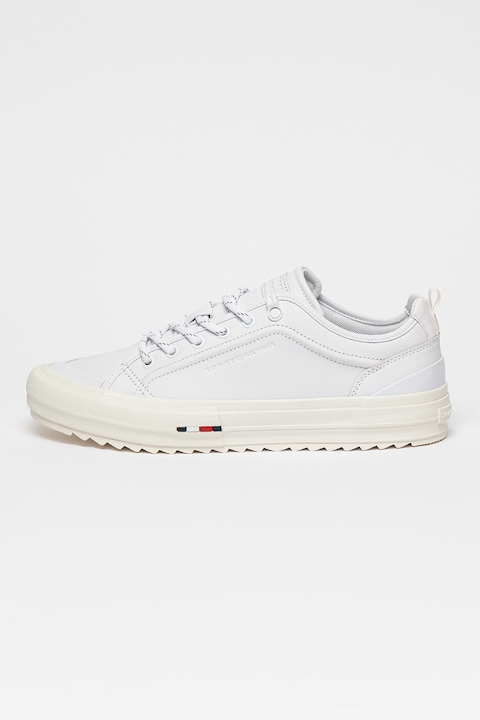 Tommy Hilfiger, Pantofi sport din piele cu logo brodat discret, Alb optic