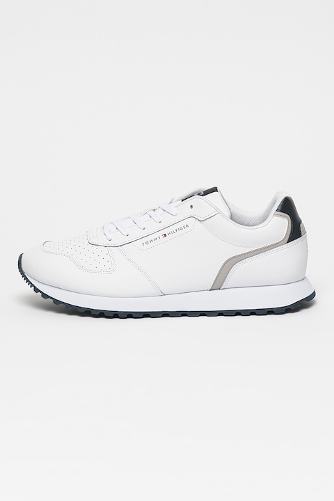 Tommy Hilfiger, Pantofi sport din piele si piele ecologica cu detalii perforate, Alb/Bleumarin