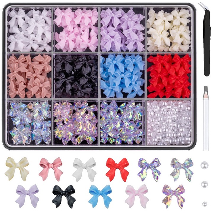 Set talismane unghii cu fundite si perle plate, 600 bucati, 11 culori, 2-4mm, Multicolor