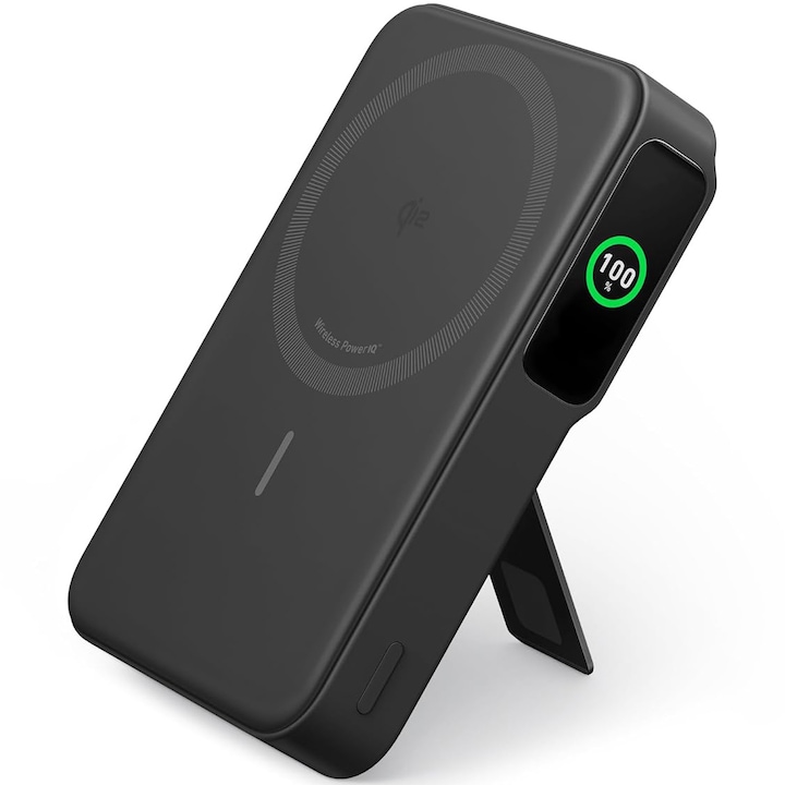 Безжична външна батерия Anker MagGo, Qi2, 10 000 mAh, 15 W, USB-C, Сгъваема стойка, Смарт дисплей, За iPhone 15/14/13/12, Черен
