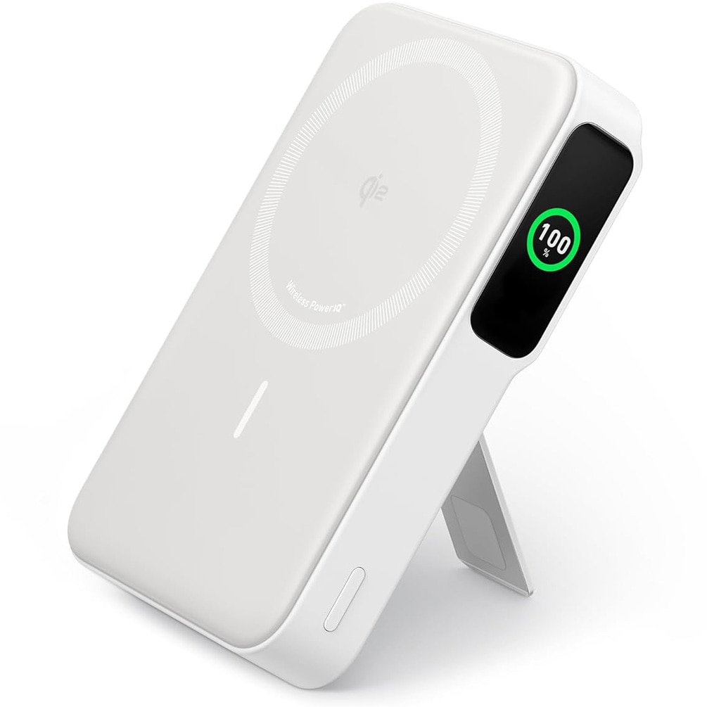 Acumulator extern wireless Anker MagGo, Qi2, 10.000 mAh, 15W, USB-C, Suport Pliabil, Smart Display, pentru iPhone 15/14/13/12 Alb