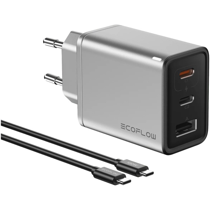 Мрежово зарядно устройство EcoFlow, Fast Charger, 65W GaN 2x USB-C 1x USB-A (включен 100W кабел)