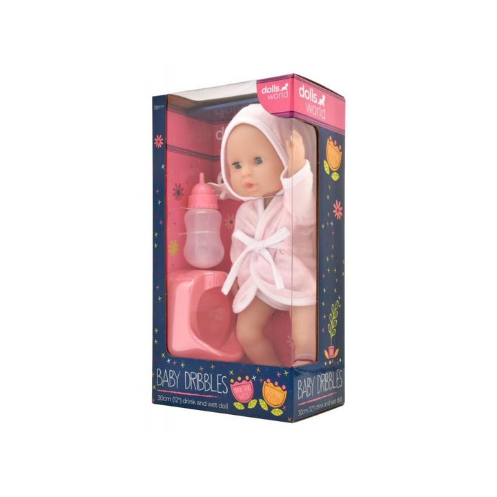 Papusa, Dolls World 1781005 30 cm de baie, in halat de baie, cu olita, biberon