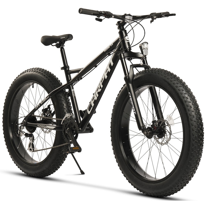 Bicicleta MTB cu Roti de 26", Echipare Shimano Altus, Frane DISC, 16 Viteze, negru/alb, Fat Bike Carpat Bigone 2.6 cu Cadru din Aluminiu si Cauciucuri Late