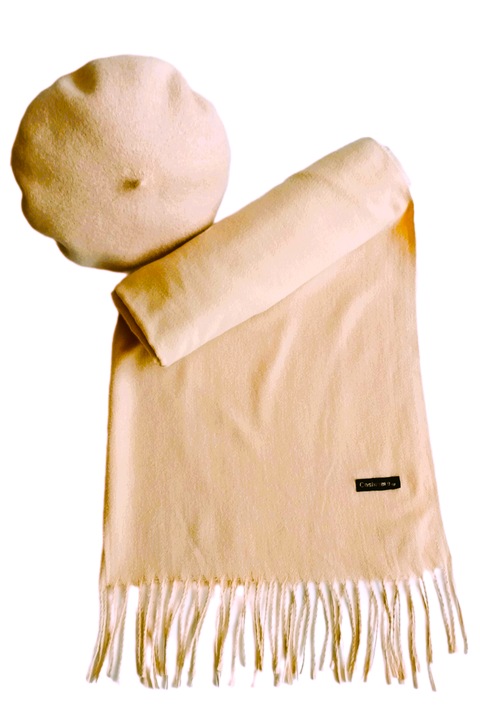 Set sal din casmir cu bereta asortata, Bej, 200 x 75 cm