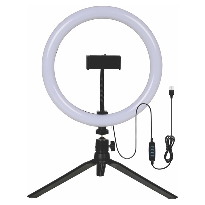 Lampa circulara ring light, Axroad Mall, Diametru 33cm/12inch LED, Conectare USB, 3 moduri de lumina, 10 trepte reglaj, Suport pentru telefon, mini trepied pliabil din plastic, Lumina rece, calda si neutra, Pentru photo, video si makeup