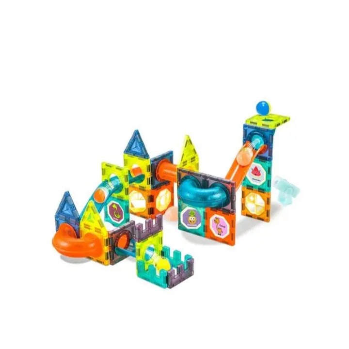 Set creativ de constructie, magnetic, cu lumini, 65 de piese, traseu pentru bile