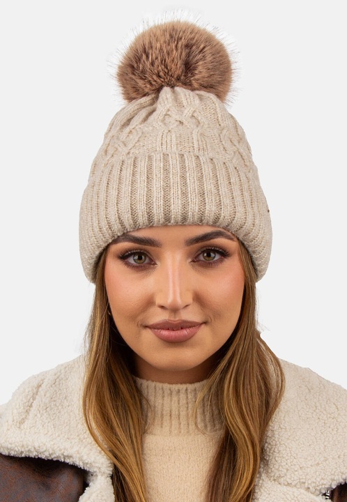 Női sapka pomponnal, Polár béléssel, Sétákhoz vagy téli tevékenységekhez tökéletes, Bézs, One-Size