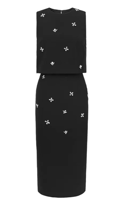 Elegáns női szett felvitt kövekkel, ujjatlan crop topból és magas derekú szoknyából, fekete színű