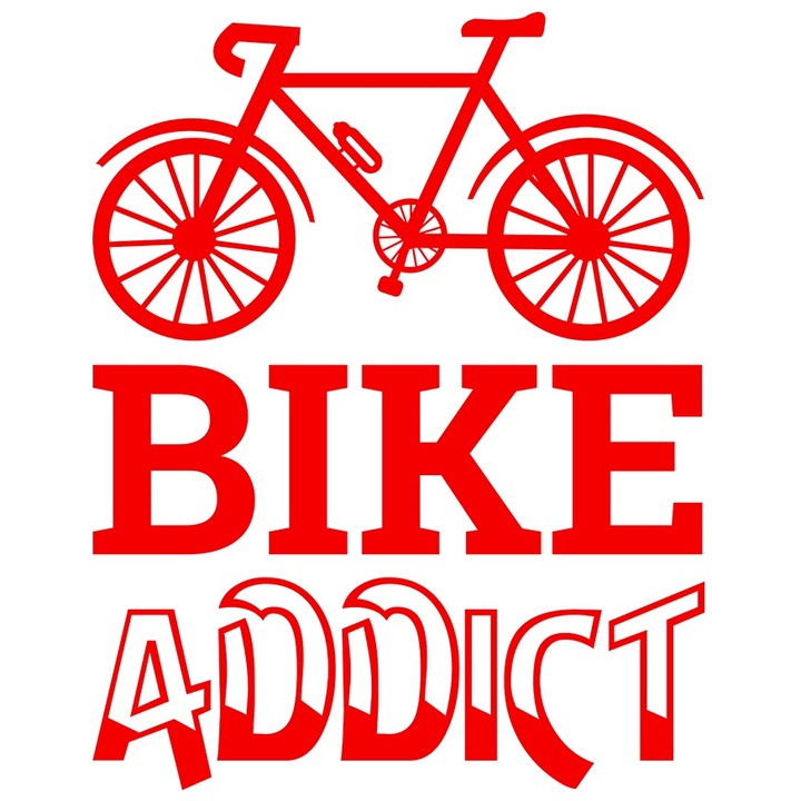 Sticker Exterior cu o bicicleta si textul in engleza "Bike addict" - dependent de bicicleta, Vinyl Rosu, 25 cm