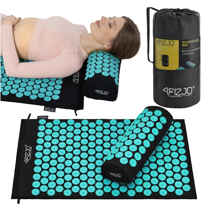 Covoras de presopunctura cu varfuri, 4FIZJO, carcasa, perna in forma de rola, pentru dureri musculare si de spate, pentru recuperare dupa antrenament, ABS/bumbac/spuma poliuretan, 68 x 42 cm, 178 varfuri, Negru/Albastru