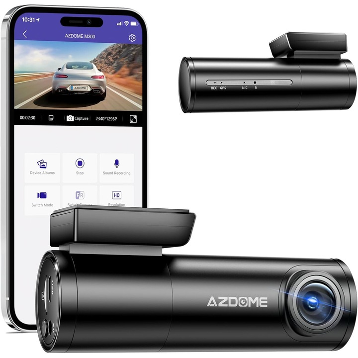 Автомобилен DVR камера Azdome M300, 1296P, WiFi, широк ъгъл, Wi-Fi връзка, G сензор, WDR, нощно виждане, гласова команда, слот за карта