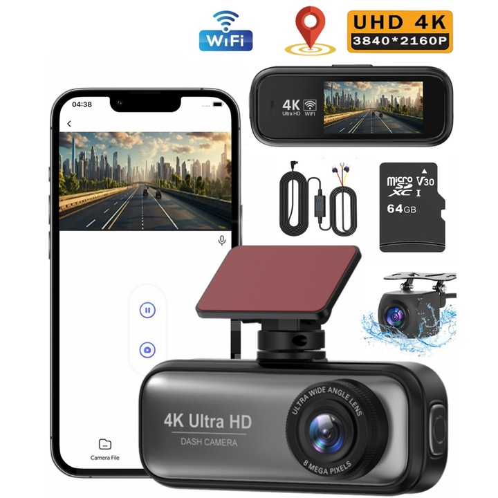 Camera auto de masina QOVU® V26a, Camera de bord dvr duala 4K Fata 1080P Spate, Card 64GB si Modul monitorizare parcare 24h inclus, GPS & WiFi, Aplicatie dedicata, Vedere larga170° & 140°, Senzor coliziune, Super Night Vision, Ecran 1.97 inch