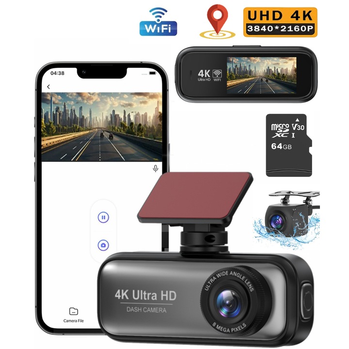 Автомобилен DVR V26a Versatyx®, двойна 4K предна 2K задна камера за управление, включена 64GB карта, 1,97" екран, GPS и WiFi, специално приложение, 170° и 140° зрително поле, G сензор и циклично записване, 24-часов режим за наблюдение при паркиране