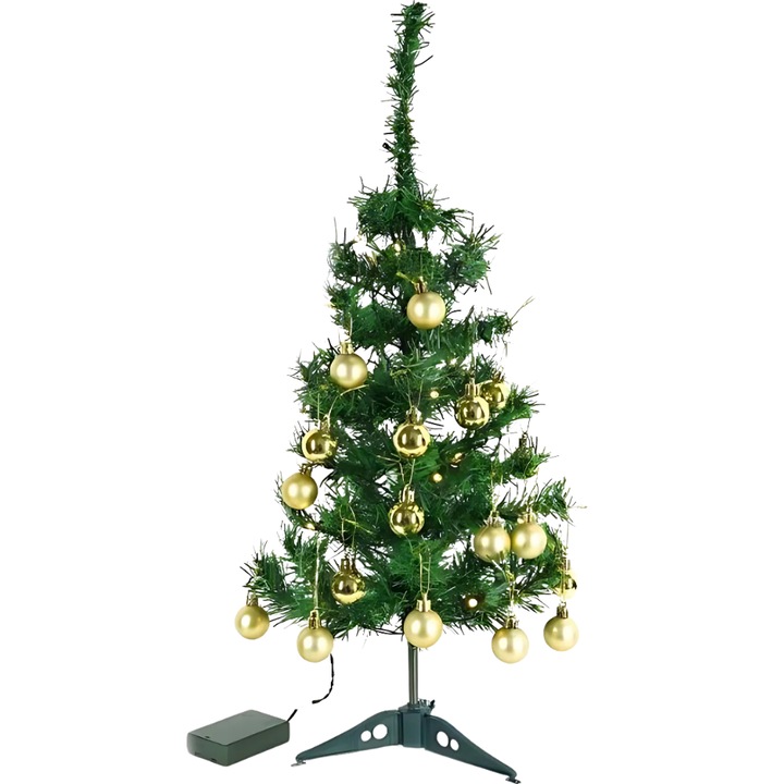 Brad de Craciun Artificial, Inaltime 60 cm, Suport de Plastic, Impodobit, Instalatie Luminoasa cu 20 LED-uri, culoare Alb Cald, 20 Globuri Aurii incluse