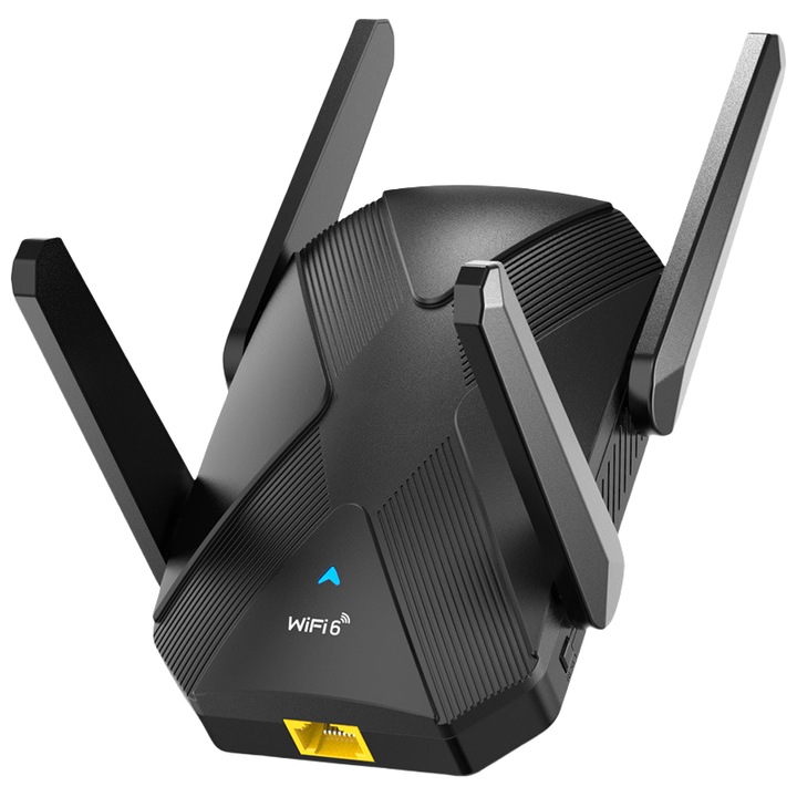 Адаптер за безжична мрежа, WIFI6 гигабитов ретранслатор, двулентово подобрение на сигнала, покритие на цялата къща, четворна външна антена, 1500 Mbps високоскоростно предаване, стабилно разсейване на топлината, много сцени, черен