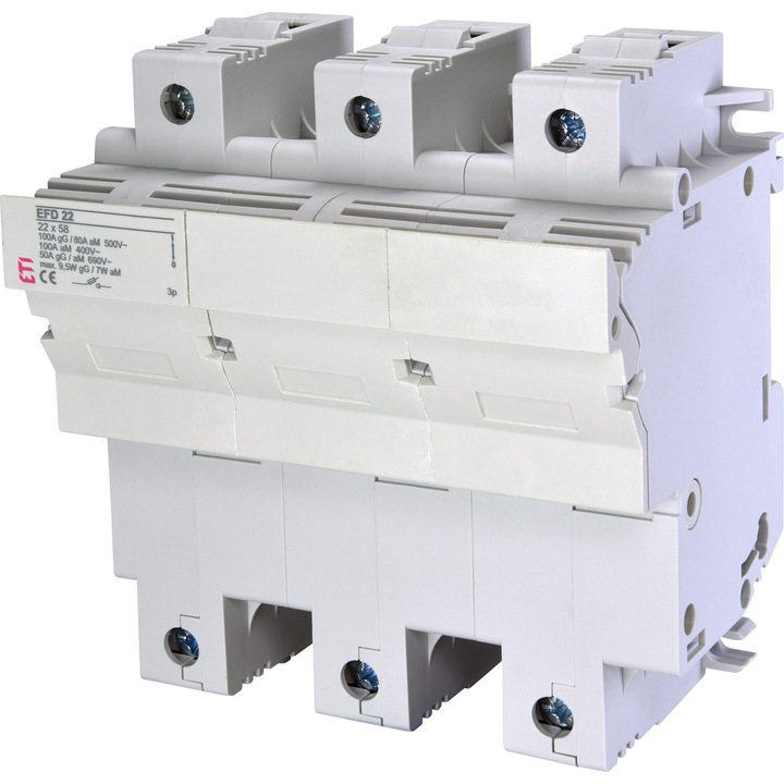 Separator cu fuzibil, 22x58mm, curent alternativ, 3P, 100A, fara indicator vizual LED pentru semnalizare ardere fuzibil, EFD 22, 002570004, ETI
