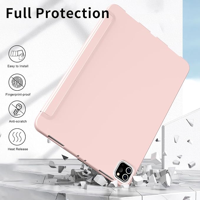 Husa de protectie pentru tableta, potrivita pentru Air 13-inch (2024)/Pro 12, 9-inch (2018/2020/2021/2022 3/4/5/6 generatii), cu tava pentru stilouri, trezire/dormire automata, Roz