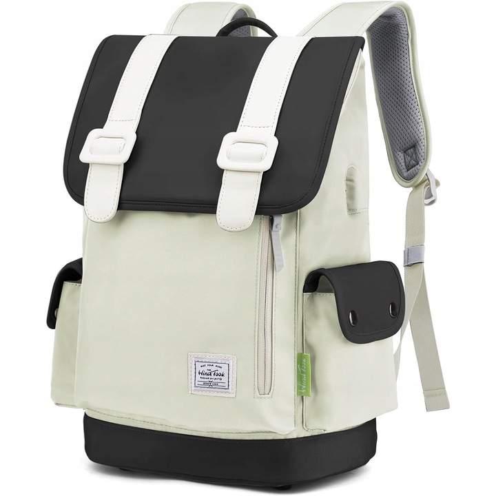Rucsac pentru laptop, Windtook, bej-negru, 28x16x43cm, impermeabil, cu port USB, set multifunctional