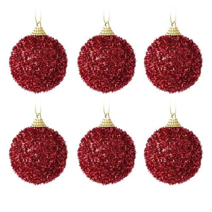 Set 6 globuri brad Craciun Antbro® cu glitter rosu si tinsel, 6cm