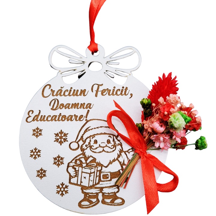 Glob pentru educatoare - personalizat cu mesaj si decorat cu flori naturale stabilizate, Lemn, 11x9cm