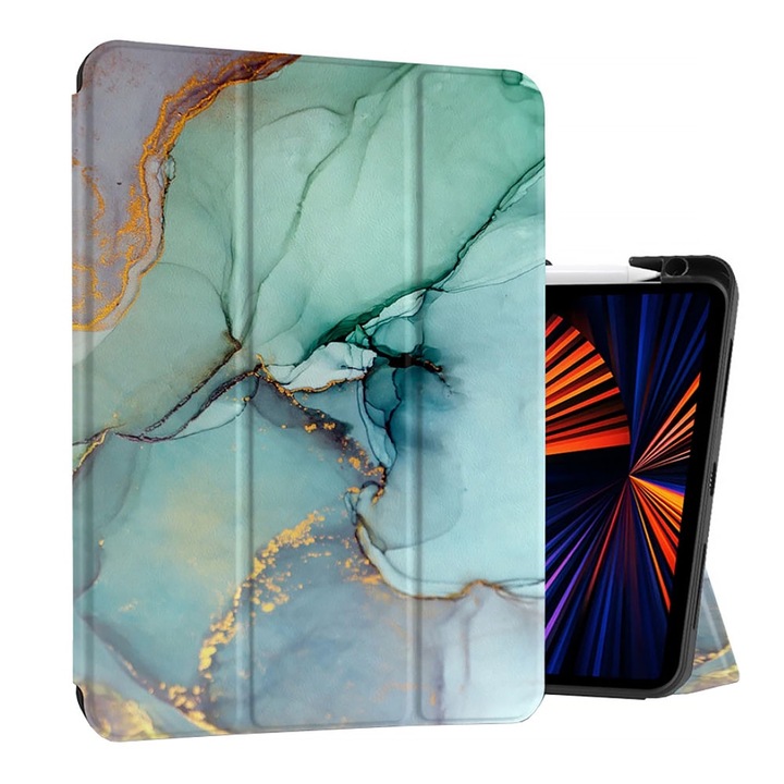Кожен калъф за таблет Samsung Galaxy Tab S10 Plus, Пълна защита, Топ качество, Мраморен дизайн, Зелен