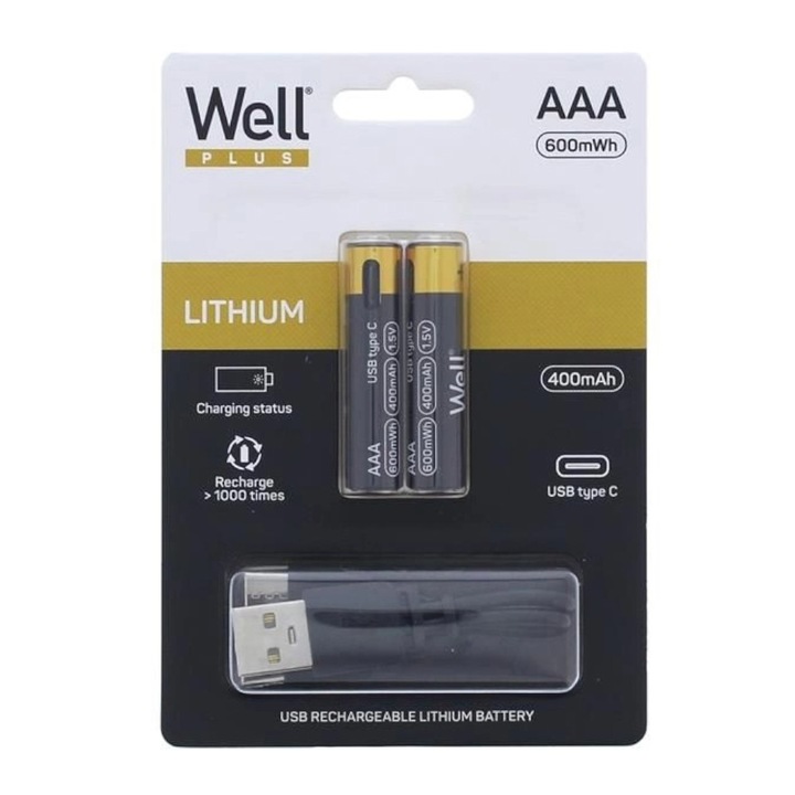 Acumulator AAA R3 Li-ion 10440 1.5V 400mAh 600mWh cu incarcare 5V USB-C 2buc/blister Well ACCU-10440/40C-BL2-WL
