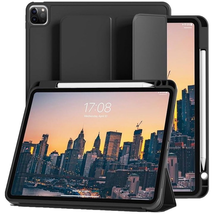 Tablet tok, kompatibilis: iPad Pro 11 hüvelykes 4./3/2./1. generációs 2022/2021/2020/2018, könnyű és vékony, Auto Sleep/Wake Smart TPU puha borítás, ceruzához való állvánnyal, Negra