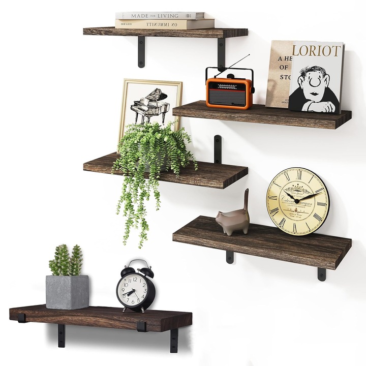 Set 5 Rafturi de perete, Axroad Mall, Multiple moduri de aranjare, Vintage, Industrial, Maxim 8kg, Posibilitate montare pe perete, Pentru bucatarie, birou, baie, Bambus/Metal, 42x15x1.5 cm, Maro inchis
