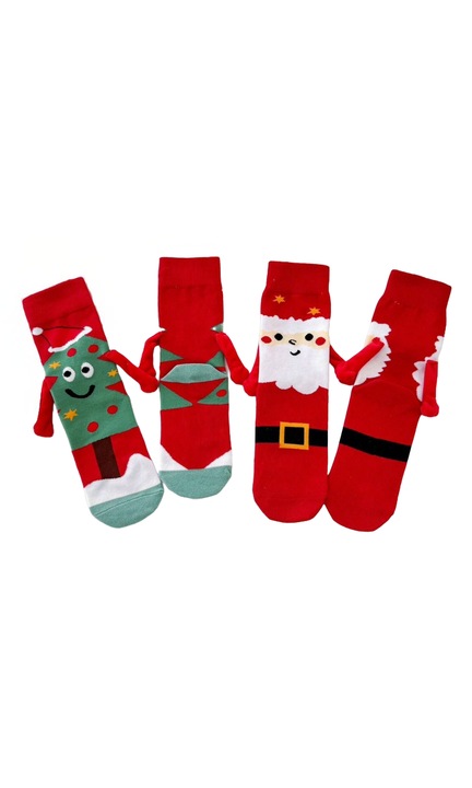 Set 2 Perechi Sosete Magnetice care se tin de mana, Unisex, Marime Universala, Model de Craciun