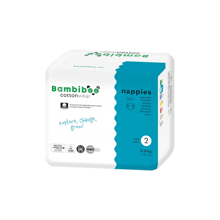 Set 3 x 26 buc. scutece BAMBIBOO COTTONWEAR cu bumbac organic si decupaj pentru ombilic, marimea 2 Mini (3-8kg)