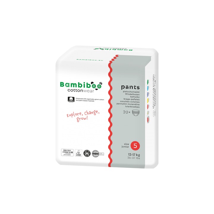 Set 3 x 20 buc. scutece Bambiboo COTTONWEAR cu bumbac organic, marimea 5 Junior (12-17kg), fara parfum