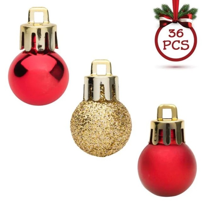 Set 36 globuri brad Craciun Antbro® rosii stralucitoare, mat si aurii cu glitter, 2cm