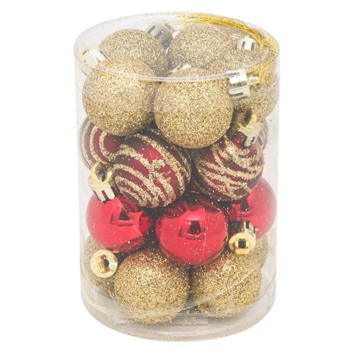 Set 20 globuri brad Craciun Antbro® rosii stralucitoare, aurii glitter si maro cu dunga aurie, 3cm
