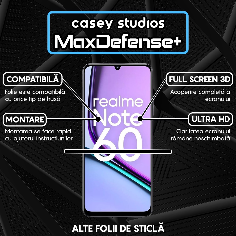 Folie Sticla CASEY STUDIOS™ compatibila cu Realme Note 60, Full Cover 3D, Full Glue, Sticla Securizata, Duritate Militara, Ultra HD, Protectie Profesionala Ecran 3D, Anti Zgarieturi, Anti Socuri