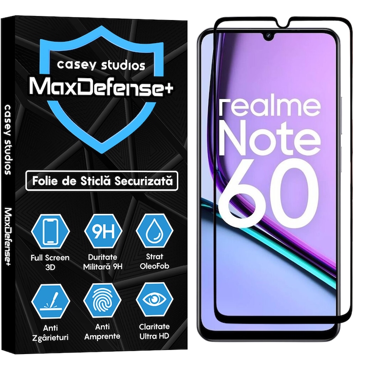 Folie Sticla CASEY STUDIOS™ compatibila cu Realme Note 60, Full Cover 3D, Full Glue, Sticla Securizata, Duritate Militara, Ultra HD, Protectie Profesionala Ecran 3D, Anti Zgarieturi, Anti Socuri