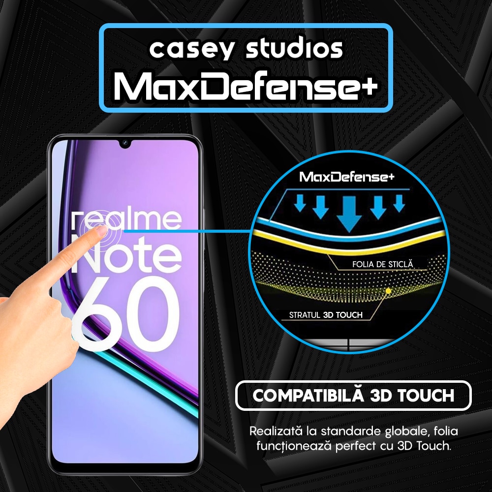Folie Sticla CASEY STUDIOS™ compatibila cu Realme Note 60, Full Cover 3D, Full Glue, Sticla Securizata, Duritate Militara, Ultra HD, Protectie Profesionala Ecran 3D, Anti Zgarieturi, Anti Socuri