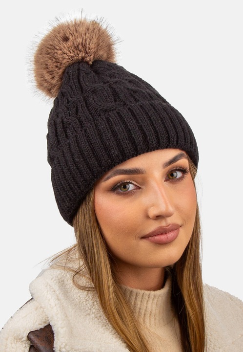 Női sapka pomponnal, Polár béléssel, Sétákhoz vagy téli tevékenységekhez tökéletes, 16071, Fekete, One-Size