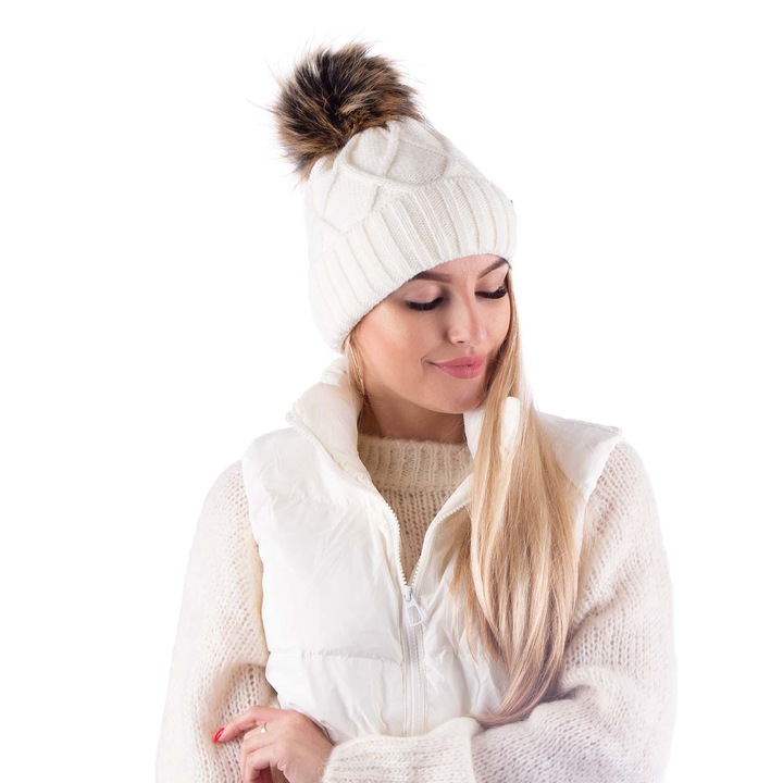 Caciula pentru femei cu pompon, Cu interior din fleece, Perfecta pentru plimbari sau activitati de iarna, 13260, 85% acrilic, 15% poliester, Cu Logo, One-Size, Alb