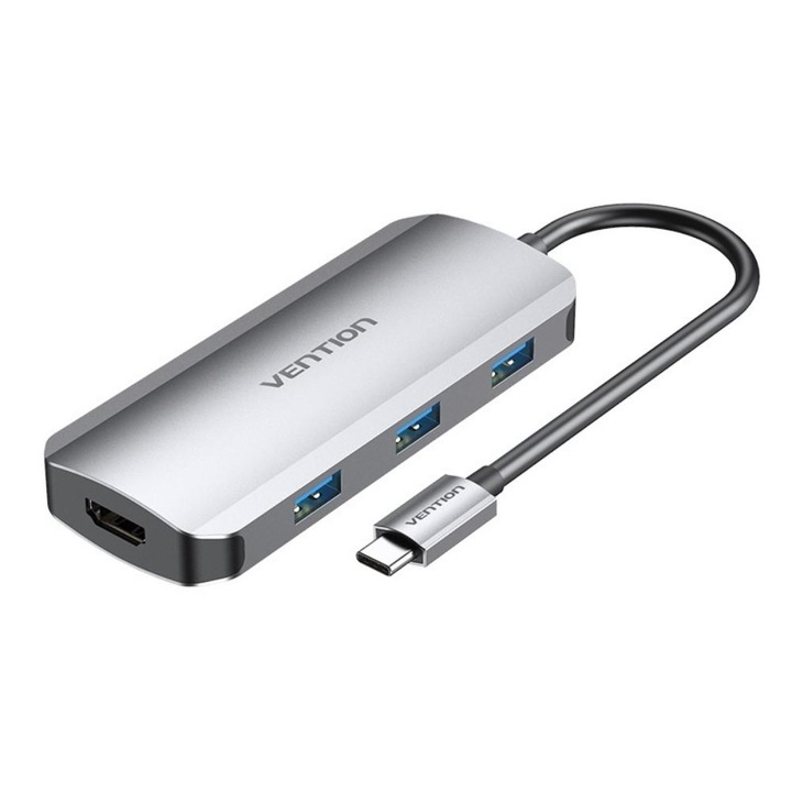 Докинг станция Vention Type-C към HDMI/USB 3.0x3/PD 100W 0.15M сива алуминиева сплав