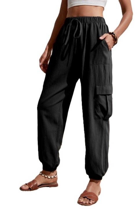 Pantaloni Dama, Talie Inalta, Cu Buzunare Tip Cargo, Snur In Talie, Negru