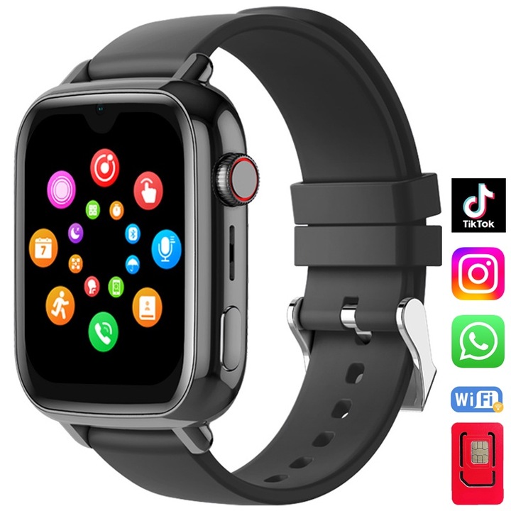 Techone® TrackMe KT34 Plus Kids GPS Smartwatch с местоположение и телефон Android 8.1, WhatsApp, Tik Tok, 1,91 инча Super AMOLED, 4G LTE, видео разговори, HD камера, Wi-Fi, IP67 вода, телефон, SOS, шпионски мониторинг, сърдечен ритъм, App Store, черен