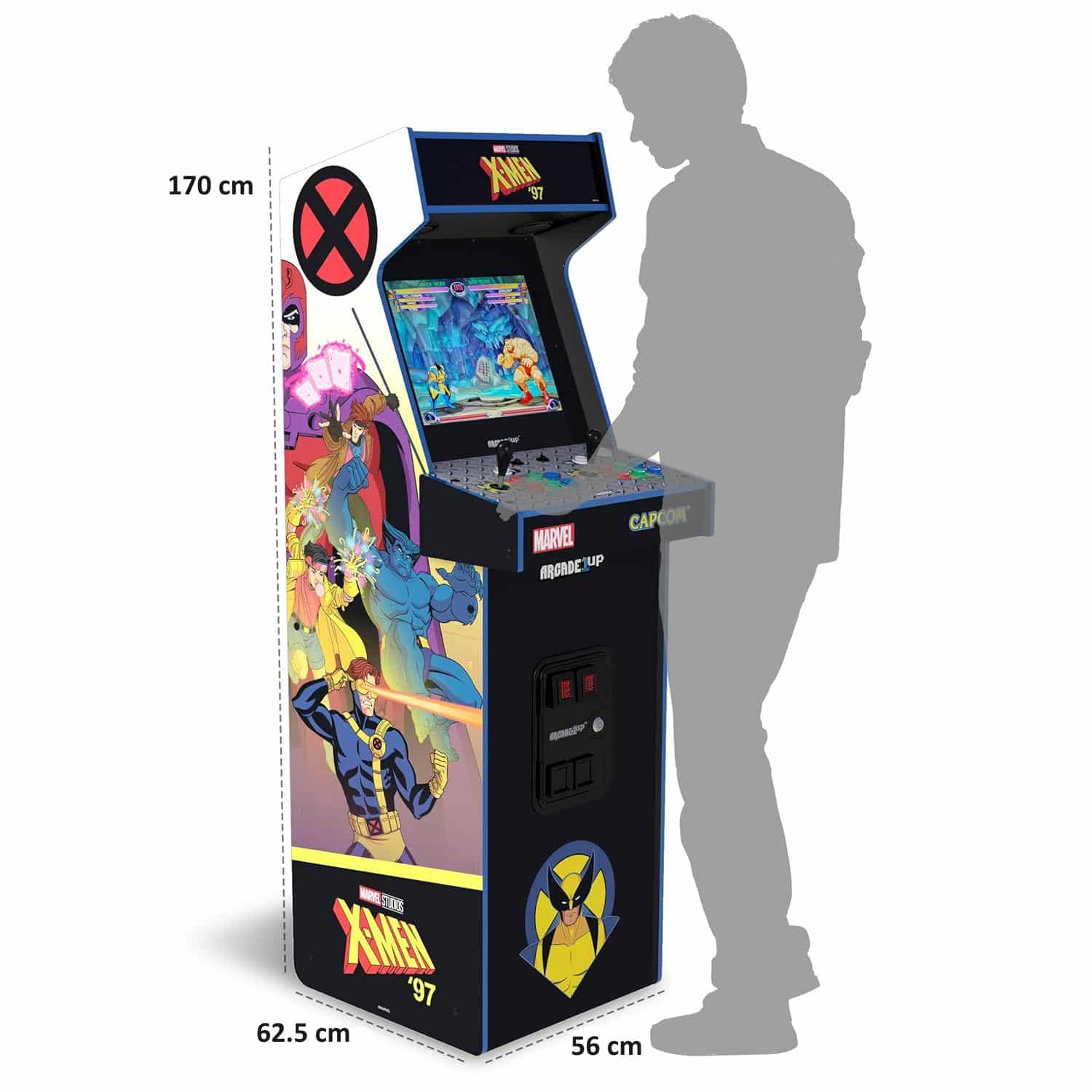 Consola verticala 8 jocuri ARCADE1UP, Marvel vs. Capcom 2: X-Men '97, H 156 cm, display color 17 inch, iluminare Marquee, difuzor extern, volum ajustabil, protectie anti-rasturnare, comenzi arcade real-feel, multicolor