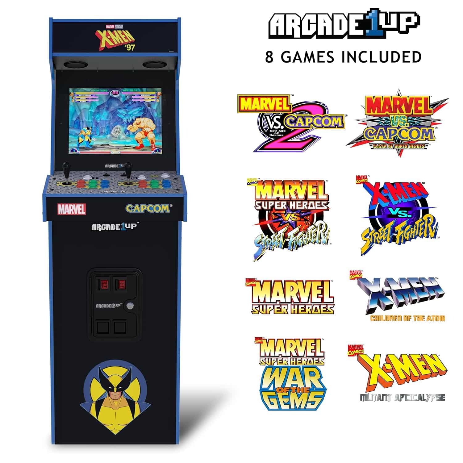 Consola verticala 8 jocuri ARCADE1UP, Marvel vs. Capcom 2: X-Men '97, H 156 cm, display color 17 inch, iluminare Marquee, difuzor extern, volum ajustabil, protectie anti-rasturnare, comenzi arcade real-feel, multicolor